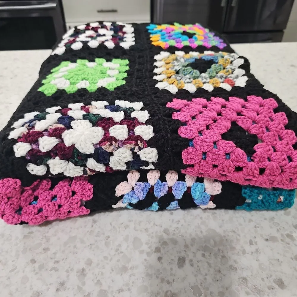 Vtg Handmade Granny Square Crochet Afghan Cottage Core 100